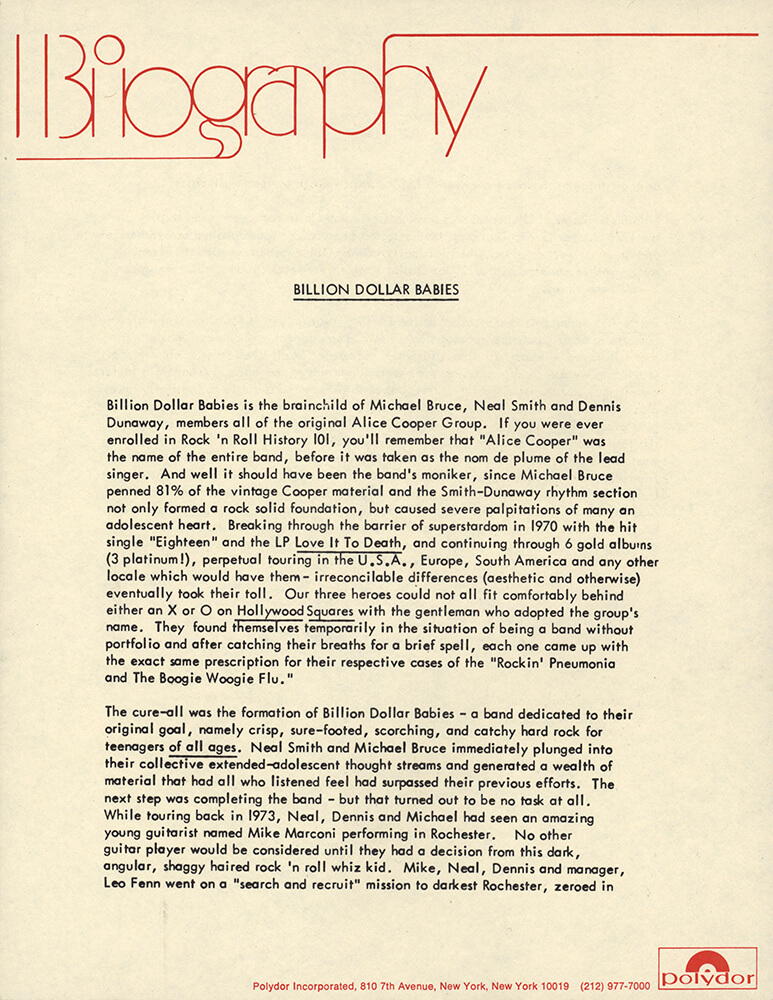 Billion Dollar Babies Press Release (1977)