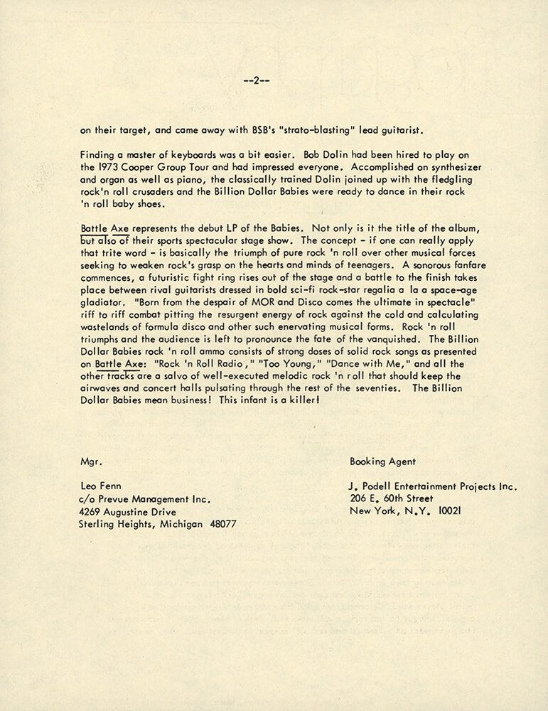 Billion Dollar Babies Press Release (1977)