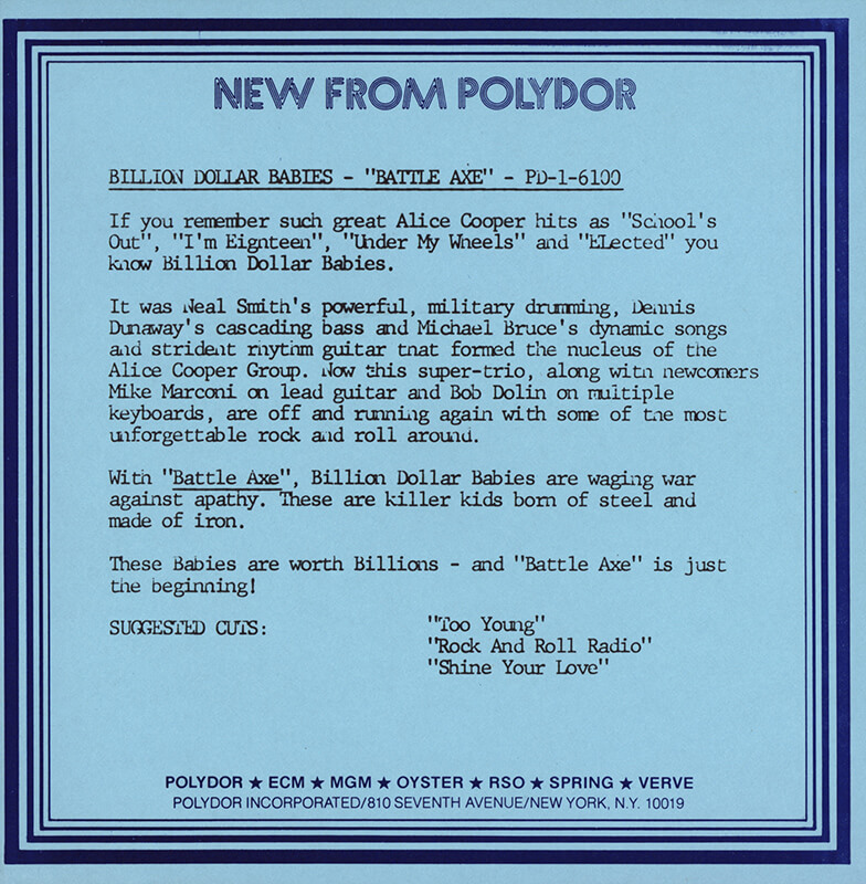 Billion Dollar Babies Press Release (1977)