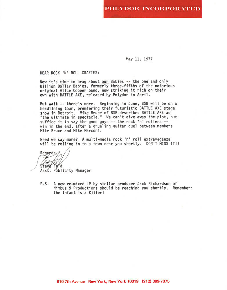 Billion Dollar Babies Press Release (1977)